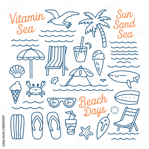 Summer holiday at the seaside with cute drawings of beach elements for travel and vacation designs