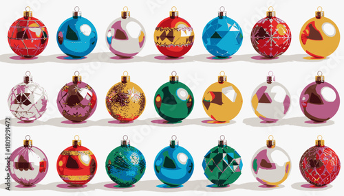 A collection of colorful Christmas ornaments with various patterns and textures, arranged in rows.
