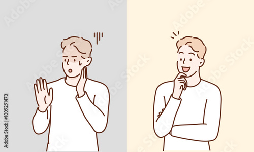 A man who is worried and a man who has solved it. Original vector illustration drawn by hand.