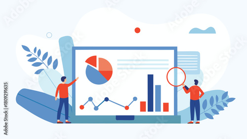 Minimalist flat artwork depicting data scientists collaborating and analyzing complex information with charts and graphs in a modern clean style