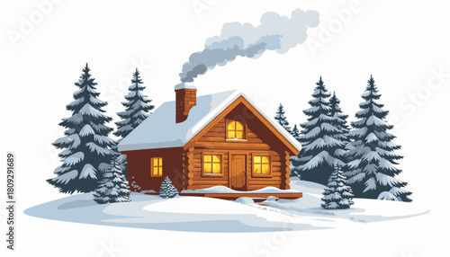 A cozy wooden cabin nestled in a snowy forest with smoke billowing from its chimney.
