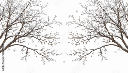 Symmetrical illustration of two bare winter trees with snow-covered branches and falling snowflakes on a white background.
