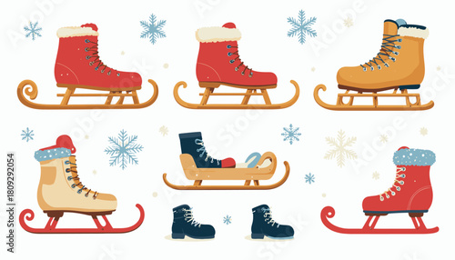 A collection of vintage-style ice skates and sleds on a white background with snowflakes.