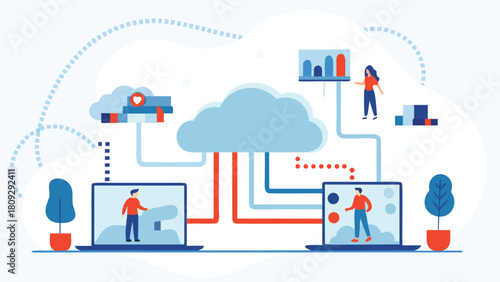 Modern flat vector illustration depicting the concept of cloud computing with interconnected digital elements and abstract shapes suitable for technology and data themes