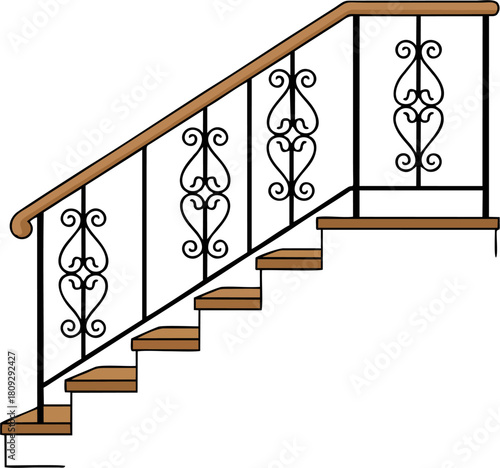 Classic Scrollwork Vector Stair Railing Illustration – Ornamental Iron Balusters with Wooden Handrail