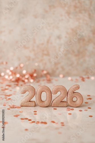 Rose gold glitter number 2026 on light surface with scattered matching confetti, symbolizing New Year celebration and future