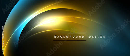 Abstract neon lines create dynamic curves. Yellow, blue hues blend into dark background. Modern design element for digital projects.