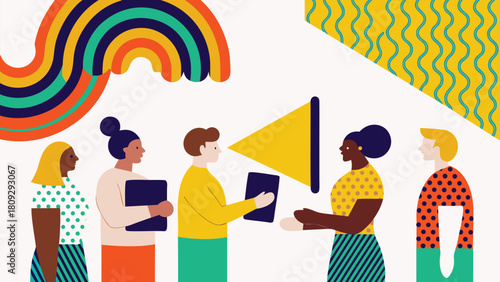 Modern illustration depicting diverse figures actively exchanging ideas and collaborating in a dynamic abstract environment symbolizing teamwork and innovation