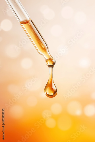 Glass dropper dispensing rich golden liquid drop against vibrant, out-of-focus background. Concepts of beauty, skincare, cosmetic, and essence