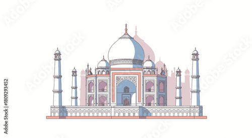 Stylized illustration of the iconic Taj Mahal monument in India with soft pastel colors.