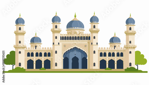 An illustration of a grand mosque with multiple domes and minarets, showcasing Islamic architecture.