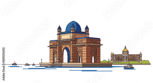 Illustration of the Gateway of India and the Taj Mahal Palace Hotel in Mumbai.
