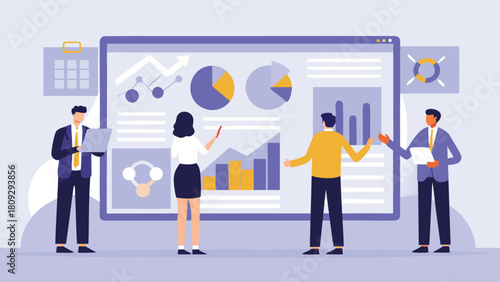 Modern flat vector illustration depicting diverse employees collaborating effectively in a professional business environment showcasing teamwork and communication