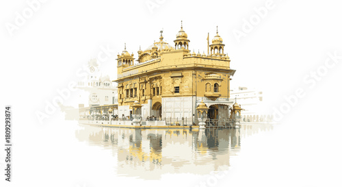 The iconic Golden Temple, also known as Sri Harmandir Sahib, reflected in its sacred pool against a minimalist white background.