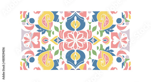 Symmetrical pastel floral and paisley pattern with intricate decorative elements on a white background.