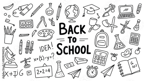 Hand drawn education supplies and school items for learning and study background illustration design