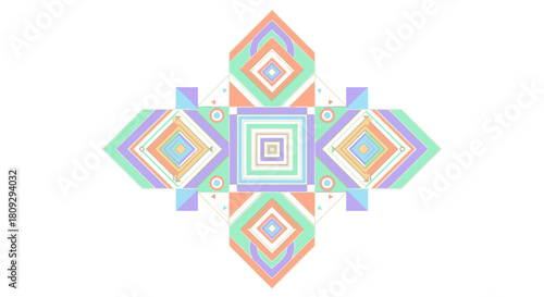 Geometric abstract design featuring a symmetrical arrangement of colorful diamond and square shapes.