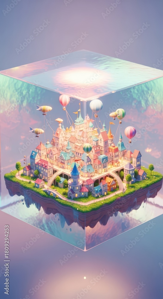 Obraz premium Miniature floating island community encapsulated within a shimmering transparent cube