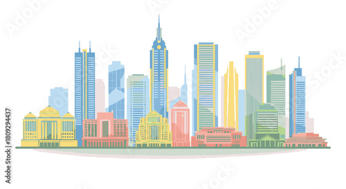 A colorful flat vector illustration of a modern city skyline with skyscrapers and buildings on a white background.