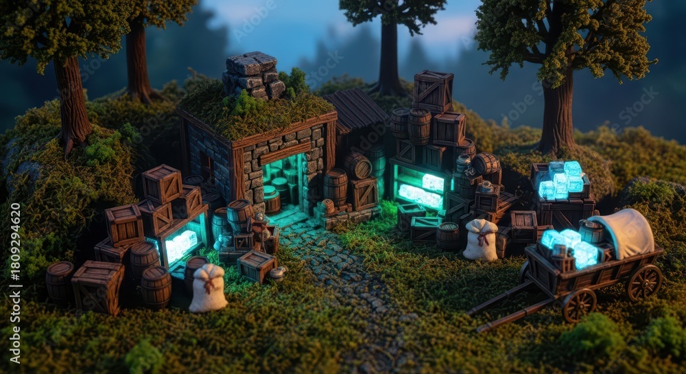 Fototapeta premium Miniature fantasy storage depot glows with internal and external radiant energy near forest trees