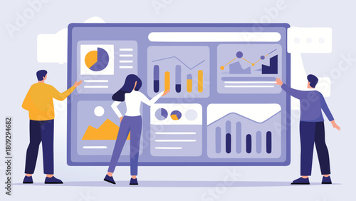 Team of professionals collaborating and analyzing data charts and graphs in an infographic style presenting business growth and insights