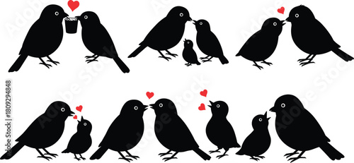 Bird silhouettes with hearts, pairs of birds showing affection, love and family bonding illustration, romantic wildlife artwork, nature design art