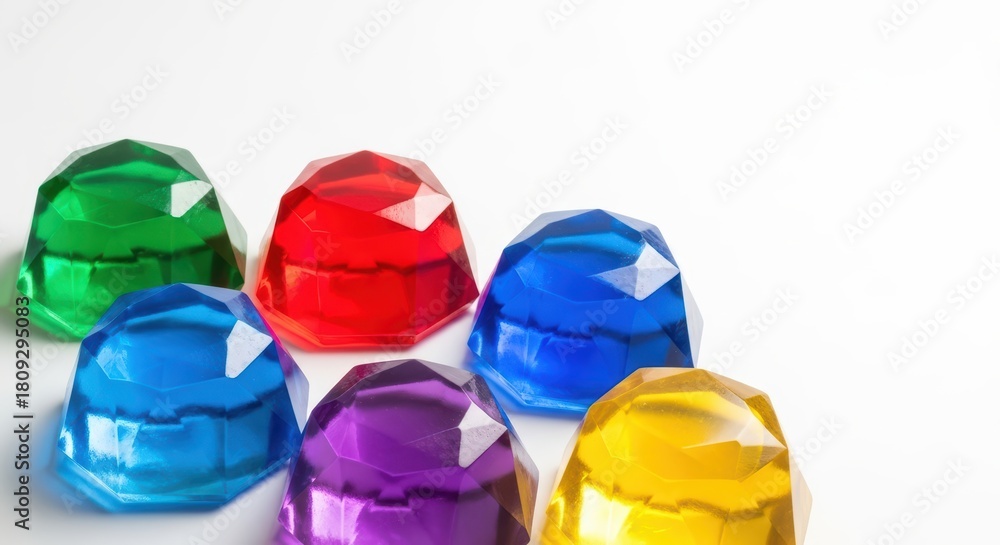 Fototapeta premium Colorful faceted gemstones arranged on white background