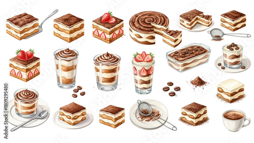 A collection of illustrated tiramisu desserts, shown as slices, whole cakes, and layered portions in glasses.
