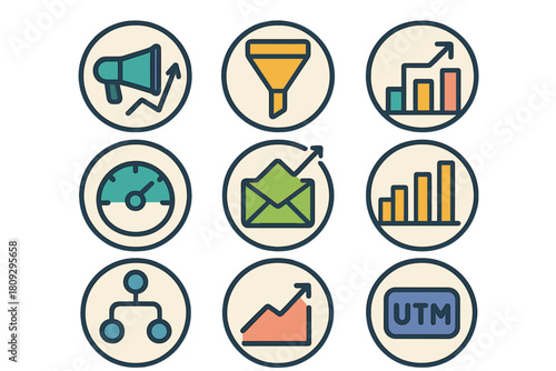 Colorful symbols representing digital marketing, business analytics, and performance tracking concepts
