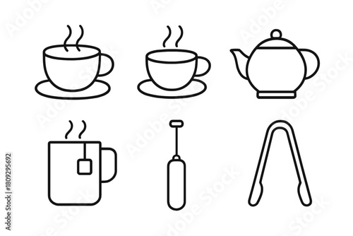Minimalist outline icons set for coffee, tea, and hot beverage serving accessories
