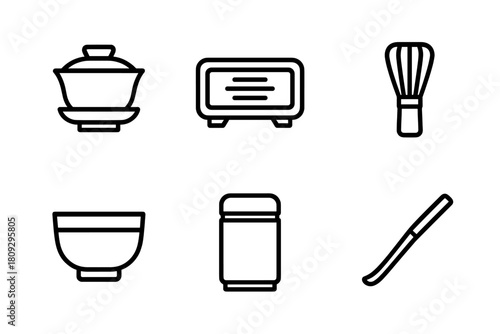 Traditional Asian tea ceremony equipment and matcha preparation tools outline set