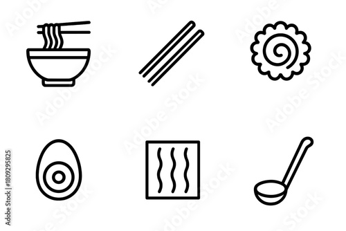 Simple line set of ingredients and tools for preparing and eating ramen noodles