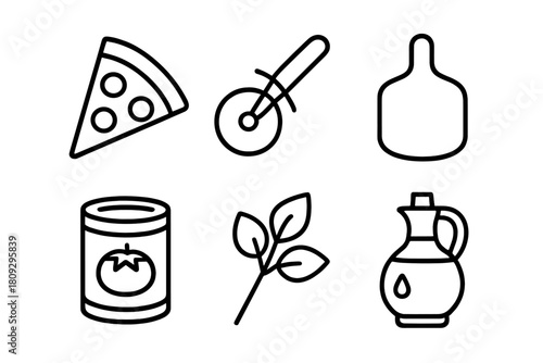 Minimalist line icons featuring pizza ingredients, cooking tools, and kitchen utensils
