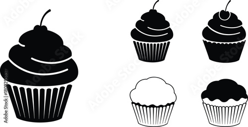 Black and white cupcake drawing, dessert sketch, bakery illustration, sweet treat art, cupcake outline, frosting decoration, pastry doodle, food graphic design
