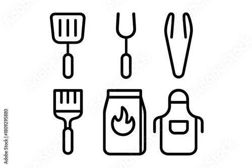 Barbecue grilling tools and accessories spatula tongs charcoal bag outline style