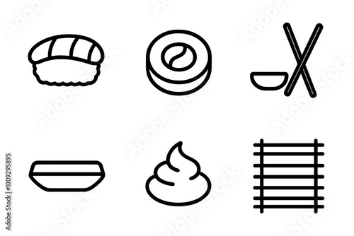 Japanese cuisine symbols featuring sushi, maki roll, wasabi, and chopsticks