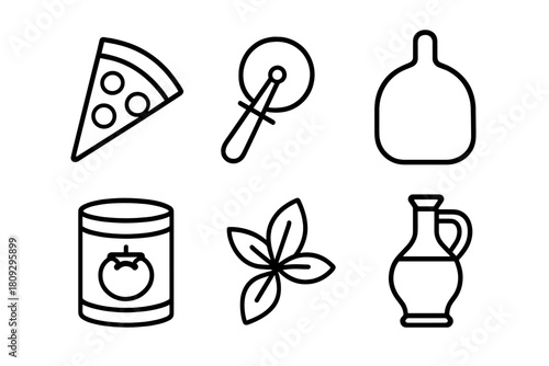 Minimalist outline icons for Italian food preparation including pizza, basil, and olive oil