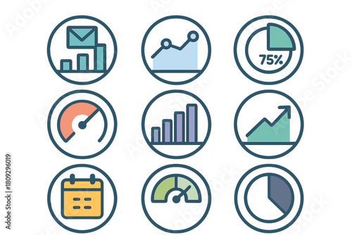 Essential data visualization icons set including charts, graphs, calendar, and performance gauges
