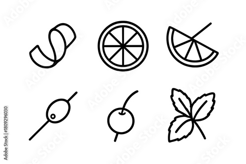 Minimalist outline cocktail garnishes including citrus slices, cherry, olive, and mint
