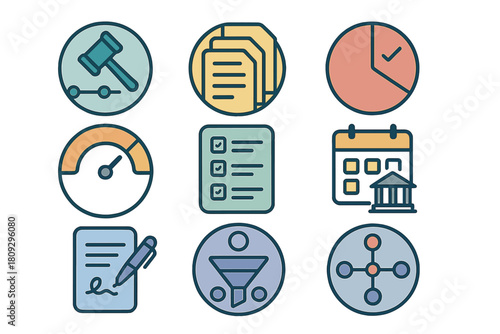 Set of business management symbols for law, documents, time, performance, checklist, scheduling, and contracts