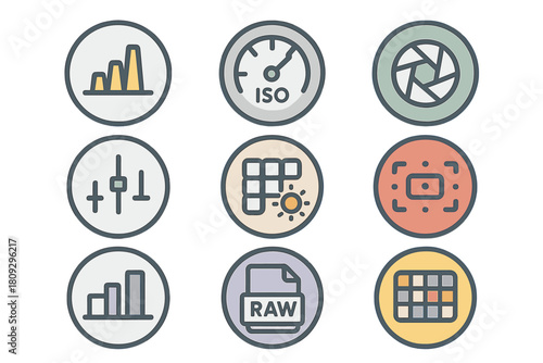Photography settings and camera controls symbols including ISO, aperture, RAW, and exposure