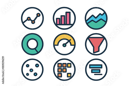 Collection of nine circular icons for data charts, graphs, analytics, and business intelligence tools