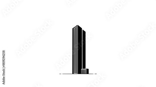 Minimalist solid-black illustration of a tall sleek residential tower with clean lines and geometric shapes on a pure white background, featuring a flat and schematic representation with no textures o