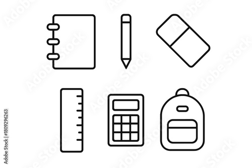 Outline icons set of essential school supplies: notebook pencil eraser ruler calculator backpack