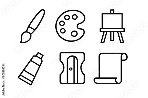 Collection of essential drawing and painting tools including paintbrush palette easel and sharpener