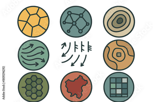 Scientific and geographical icons representing data, structure, flow, and mapping concepts