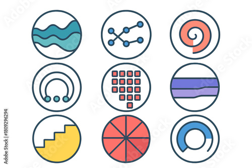 Collection of nine colorful abstract icons for data, technology, and natural elements in modern flat design