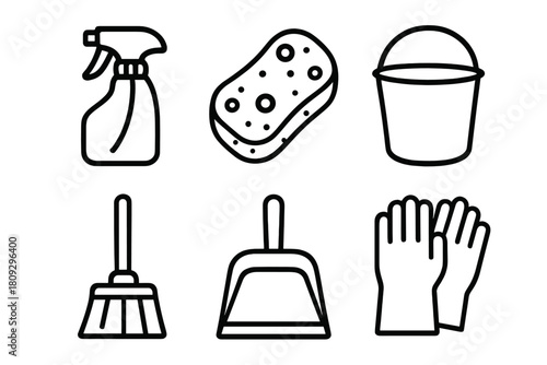 Set of essential household cleaning tools including spray bottle sponge and broom