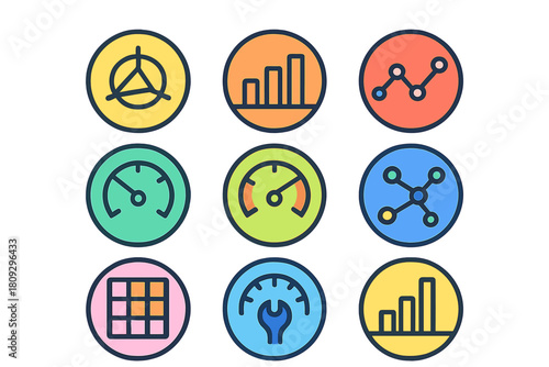 Colorful set of nine business analytics and performance measurement symbols