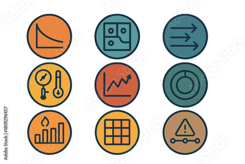 Dashboard and analytics icons featuring various charts, gauges, flow, and warning symbols